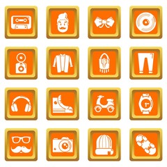 Wall Mural - Hipster symbols icons set vector orange square isolated on white background 