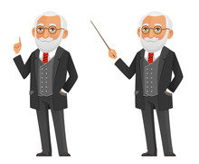Cartoon Illustration Of A Senior Professor Or Scientist In Elegant Black Suit