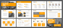 Template Of White Vector Slides For Presentations And Reports With Orange Rectangles And Squares.