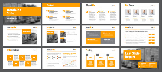 Template of white vector slides for presentations and reports with orange rectangles and squares.