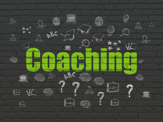 Wall Mural - Studying concept: Painted green text Coaching on Black Brick wall background with  Hand Drawn Education Icons