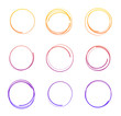 Vector illustration of hand drawn colorful circles, round frames by crayon set isolated on white background.