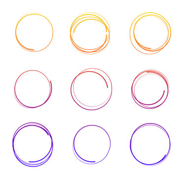 vector illustration of hand drawn colorful circles, round frames by crayon set isolated on white bac