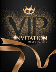 Wall Mural - VIP party elegant banner with  golden ribbons, dust and crown. Vector illustration