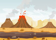Vector illustration of prehistoric landscape with volcano eruption, lava and smoky sky, landscape with mountains and volcanoes in flat cartoon style.