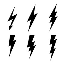 Lightning Thunderbolt Icon Vector.Flash Symbol Illustration.Lighting Flash Icons Set. Flat Style On Dark Background.Black Silhouette And Lightning Bolt Icon. Set Of Yellow Icons Storm
