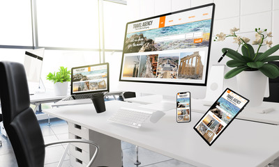 Wall Mural - devices floating on mid air mockup showing travel agency