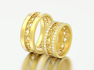 3D illustration two gold decorative carved out ornament diamond rings