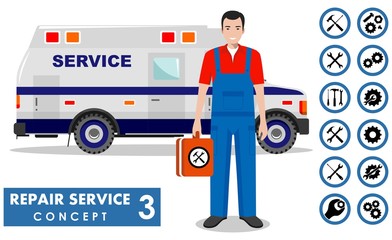 Repair service concept. Detailed illustration of service machine and master repairer in flat style. Simple icons set: wrench, screwdriver, hammer and gear. Services icon or button on white background.