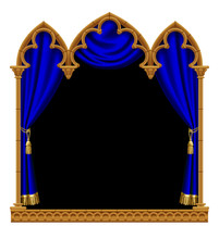 Classic Gothic Architectural Decorative Frame With A Blue Curtain On Black