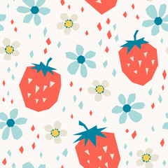 Aufkleber - seamless pattern with strawberries and flowers