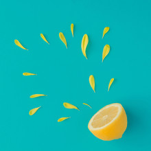 Creative Summer Layout Made Of Lemon And Yellow Flower Petals On Bright Blue Background. Fruit Minimal Concept.