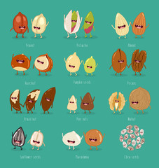 Vector illustration about vegan protein source. This is funny vegan food characters.