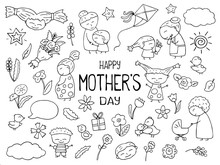 Happy Mother Day Black White Vector Clipart. Mom And Child Outlined Icon. Childish Doodles With Happy Children