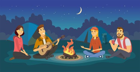 Wall Mural - Friends on a camp - cartoon people character illustration