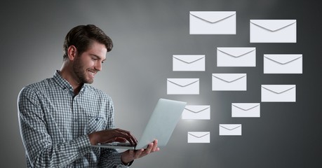 Poster - Envelope letter messages and man using laptop