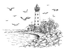 Landscape Lighthouse. Sea And Seagulls Sketch. Hand Painted Lighthouse And The Sea. Rocky Shore Graphics. Vector Illustration.