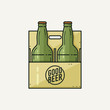 Two green beer bottles in the package isolated on a light background. Beer takeaway. Vector illustration.