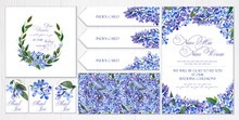 Set Of Templates For Greetings, Invitations To Wedding. Blue Lilac And Twigs With Leaves. Art By Markers: Invitation, Card, Letterhead, Numbering For Tables, Seamless Pattern. Watercolor Imitation.
