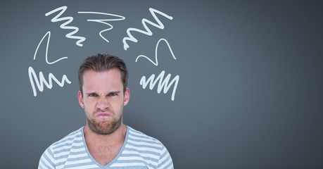 Sticker - Angry furious man with scribble doodles on grey background