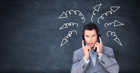 Sticker - Stressed businessman on phones with arrow doodles on blackboard