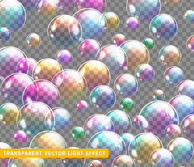 Wall Mural - Bubbles soap realistic set isolated with transparent background vector illustration. Soap bubble rainbow reflection.