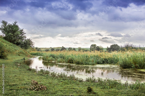 Fotografie, Obraz Summer landscape: narrow river with overgrown shores and cloudy rainy sky_