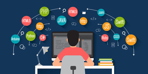 Wall Mural - programming banner, coding, best programming languages, flat illustration concept