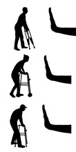 Silhouette Vector Of A Woman And Man With A Walker For Disabled, Crutches And Hand Gesture Stop
