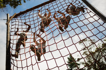 Wall Mural - Military soldiers climbing rope during obstacle course