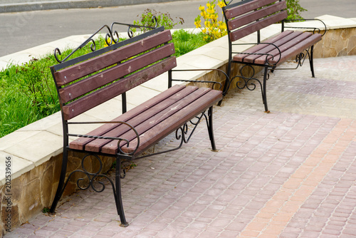 Wooden Benches With Metal Carved Legs In The Park Buy This Stock