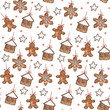 Watercolor hand drawn Christmas seamless pattern with ginger cookies (in shape of house, man, star, snowflake) on white background