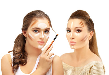 Wall Mural - Contouring.Make up woman face. Contour and highlight makeup.Foundation on white background