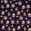 Watercolor hand drawn Christmas seamless pattern with ginger cookies (in shape of house, man, star, snowflake) on black background
