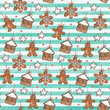 Watercolor hand drawn Christmas seamless pattern with ginger cookies (in shape of house, man, star, snowflake) on blue-white striped background