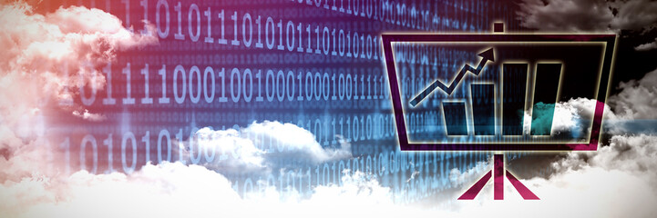 Board against clouds and binary coded computer screen