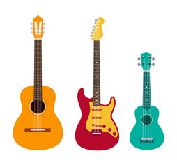 Guitar set. Acoustic guitar, electric guitar and ukulele on white background. String musical instruments. Cute flat cartoon style. Vector illustration