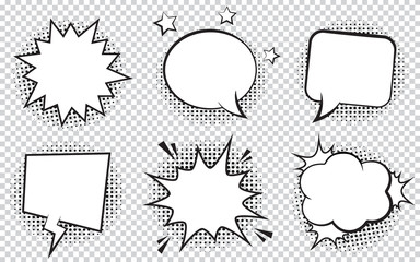 Wall Mural - retro empty comic bubbles and elements set with black halftone shadows on transparent background. ve
