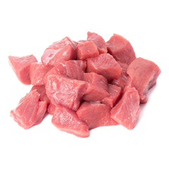 Wall Mural - Raw chopped beef meat pieces isolated om white background cut out.