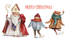 Watercolor Christmas Illustration With St. Nicholas And Two Children. Christmas Cards. Winter Design. Merry Christmas!