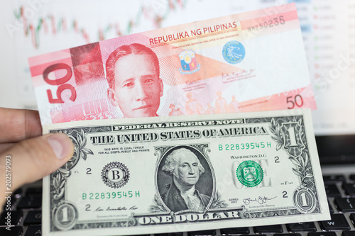 Hand Hold One Dollar And 50 Philippines Peso Banknotes Notebook Hand Hold One Dollar And 50 Philippines Peso Banknotes Notebook Screen With Graph At Background