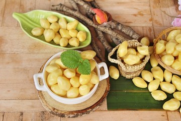 Canvas Print - boiled ginkgo nuts delicious on wood background