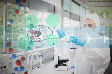 Sticker - Scientist in protective suit working with green cell diagram interface against dna helix in blue and red with ecg line