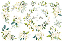 Set Of Floral Branch, Wreath. Flower White Rose, Green Leaves. Wedding Concept. Floral Poster, Invite. Vector Arrangements For Greeting Card Or Invitation Design Background
