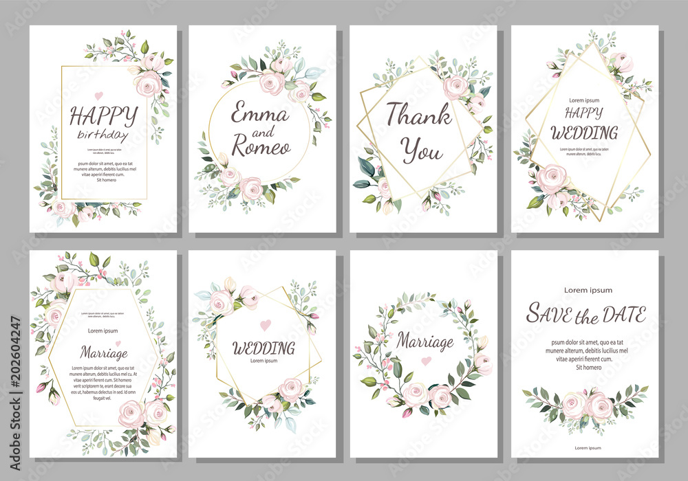 Set of card with flower rose, leaves and geometrical frame. Wedding ornament concept. Floral poster, invite. Vector decorative greeting card or invitation design background - obrazy, fototapety, plakaty 