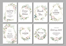 Set Of Card With Flower Rose, Leaves And Geometrical Frame. Wedding Ornament Concept. Floral Poster, Invite. Vector Decorative Greeting Card Or Invitation Design Background