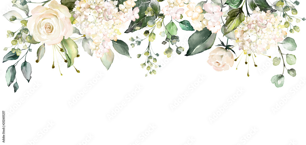  arrangements with watercolor flowers. floral illustration. Botanic composition for wedding or greeting card.  branch of flowers - abstraction roses - obrazy, fototapety, plakaty 