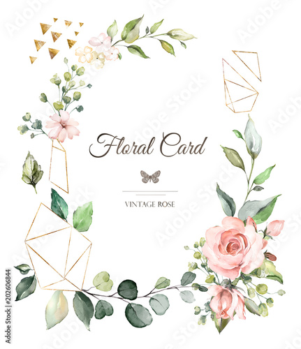 Card Watercolor Wedding Invitation Design With Pink Roses Geometric Shapes Flower Background With Floral Elements For Text Watercolor Background Frame Buy This Stock Illustration And Explore Similar Illustrations At Adobe Stock
