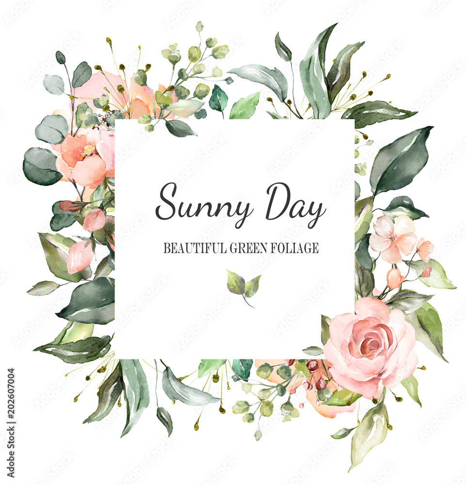 Card Watercolor Invitation Design With Pink Roses Leaves Flower Background With Floral Elements Botanic Watercolor Illustration Vintage Template Frame Stock Gamesageddon