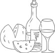 Hand Drawn Doodle Sketch Line Art Vector Illustration of Bottle of Wine Wineglass Wheel and Wedge of Cheese. Emblem Poster Banner Black Outline Design Element Template